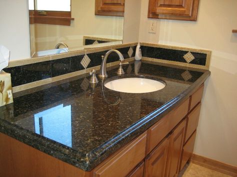 Uba tuba granite vanity top w/ custom backsplash Backsplash For Bathroom, Uba Tuba Granite, Washroom Vanity, Modern Powder Rooms, Skin Template, Granite Backsplash, Custom Backsplash, Granite Vanity, Granite Vanity Tops