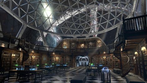 Library Concept Art, Futuristic Library, Library Concept, Sci Fi Ship, Temple Art, Paintings And Drawings, Image Painting, Fantasy Places, Watch Tower