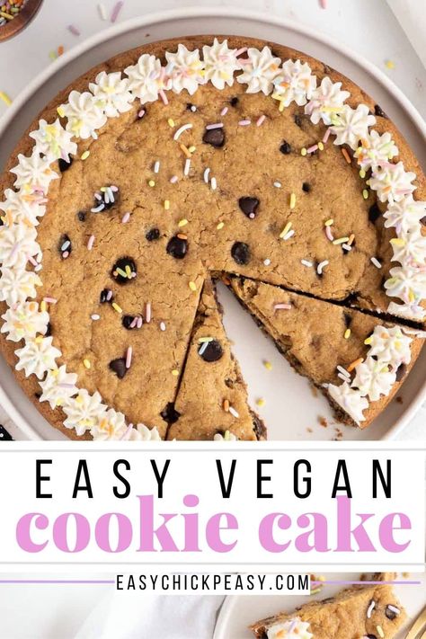 Vegan Cookie Cake Vegan Cookie Cake Recipe, Vegan Chocolate Chip Cookie Cake, Vegan Cookie Cake, Chocolate Chip Cookie Cake Recipe, Chocolate Chip Frosting, Easy Vegan Cookies, Giant Chocolate Chip Cookie, Easy Vegan Dessert, Vegan Chocolate Chip Cookies