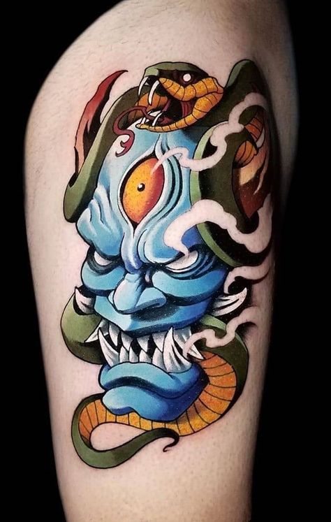 Oni Mask Tattoos: Origins, Meanings & Tattoo Ideas American Traditional Oni Mask Tattoo, Blue Oni Mask Tattoo, ဗျ��ဲခေါင်း Tattoo, Omni Mask Tattoo, Oni Tattoos, Hanya Mask Tattoo Design, Mask Tattoo Ideas, Mascara Hannya, Hanya Mask Tattoo