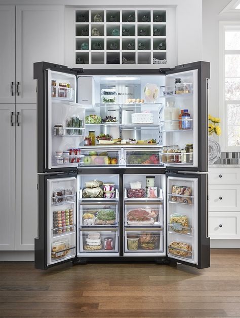 Samsung - Family Hub 22.08 Cu. Ft. Counter-Depth 4-Door Flex Smart French Door Refrigerator With Geek Squad White Glove Experience - Black Stainless Steel - AlternateView15 Zoom Fridge Goals, Family Hub Refrigerator, Dream Fridge, Family Hub, Kitchen Goals, Fridge Organization, Teenage Boys, Kitchen Pantry, White Cabinets