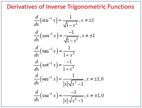 Calculus: How to evaluate Inverse Trig Derivatives, Table or Formulas of Derivatives of Inverse Trigonometric Functions, Inverse Trigonometric Functions - Derivatives - Harder Example and solutions, with video lessons, examples and step-by-step solutions. Differentiation Formulas, Maths Algebra Formulas, Inverse Trigonometric Functions, Math Formula Sheet, Math Problem Solver, Quotient Rule, Math Formula Chart, Ap Calculus Ab, Algebra Formulas