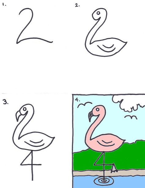 Today’s art lesson – using the numbers 2 & 4….:) Draw Flamingo, Draw A Flamingo, Swan Drawing, Flamingo Painting, Flamingo Art, Step By Step Painting, Art Drawings For Kids, Drawing Lessons, Simple Doodles