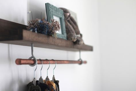 Floating Shelf With Hanging Rod, Floating Shelf With Clothes Rod, Diy Shelf With Hanging Rod, Nursery Dark Green, Curtain Rod Shelf, Shelf With Hanging Rod, Shelf With Rod, Shelf Curtain, Nursery Curtains Boy