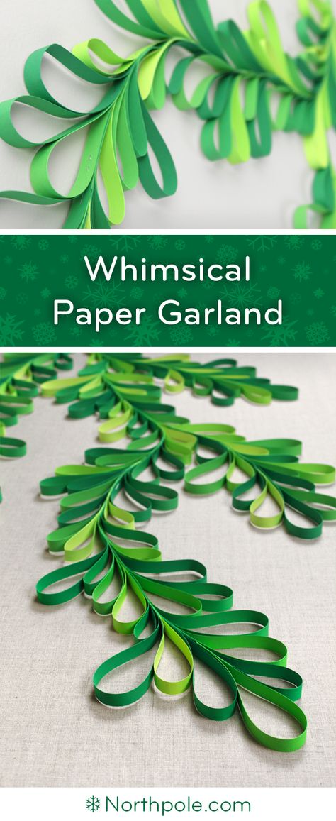 Whimsical Paper Garland • Northpole.com Craft Cottage Diy Garland For Classroom, Christmas Diy Construction Paper, Festive Paper Chains, Paper Garland Decor, Paper Craft Garland, Construction Paper Decor, Forest Paper Craft, Holiday Paper Garland, Wrapping Paper Garland