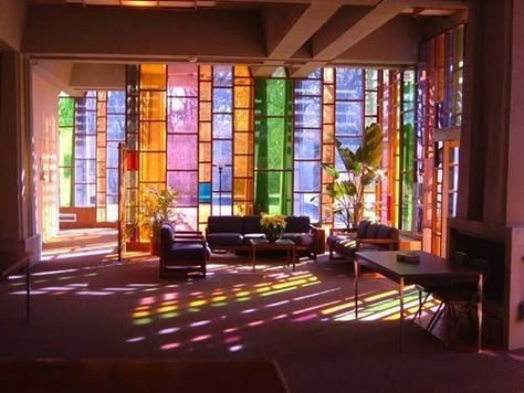 Industrial Interior Design Colorful, Stain Glass Windows In Homes, Cool Windows, Stained Glass Doors, Stain Glass Windows, Rainbow Lights, Hiasan Bilik Tidur, Stained Glass Door, زجاج ملون