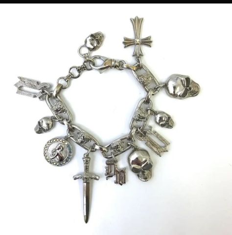 versace gothic silver plated charm bracelet, Versace Bracelet, Grunge Jewelry, Funky Jewelry, Gothic Jewelry, Jewelry Inspo, Dream Jewelry, Pretty Jewellery, Ear Jewelry, Piercing Jewelry