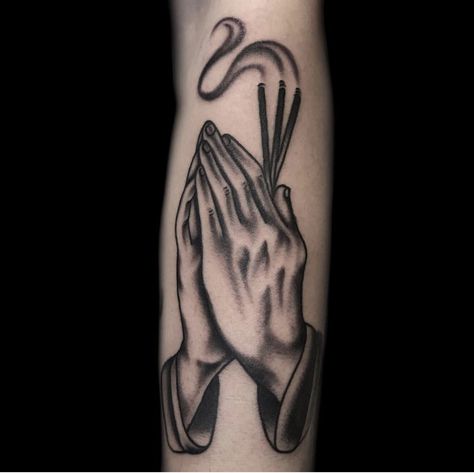 praying hands & incense tattoo Incense Tattoo, Tat Inspiration, Praying Hands, Tattoo Drawings, Incense, Rocker, Tatting, Tattoos, Drawings