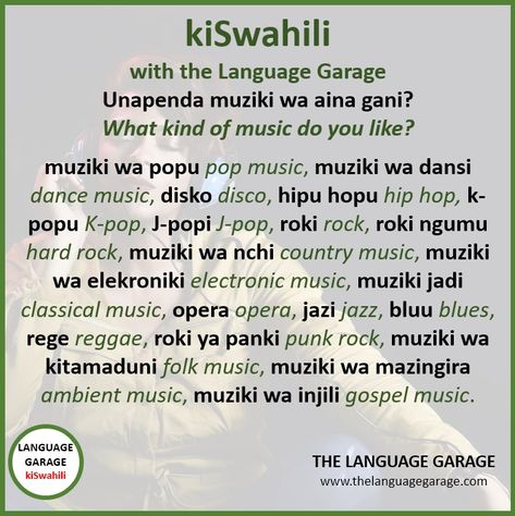 Unapenda muziki wa aina gani? What kind of music do you like? #Music in #Swahili #KiSwahili #LearnSwahili #SwahiliVocabulary #languages. Click on the image to learn more, and visit us for live online #lessons or to #learn #language #vocabulary #grammar for #free. Swahili Learning, Learn Swahili, Learn Language, Music Do, World Languages, Ambient Music, Online Lessons, Folk Music, Gospel Music