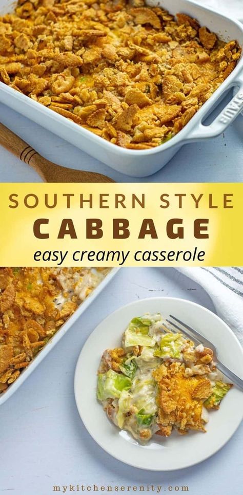 This creamy, cheesy Southern Cabbage Casserole recipe is perfect for any large get together.  Topped with buttered Ritz crackers. Serve it for Thanksgiving, Christmas or Easter! Easy recipe takes just a few minutes to throw together and goes well with poultry, ham and fish! Easy Cabbage Casserole, Keto Stuffed Bell Peppers, Cheesy Cabbage Casserole, Southern Cabbage, Cabbage Casserole Recipe, Cheesy Cabbage, Cooked Cabbage Recipes, Ritz Cracker Topping, Creamy Cabbage