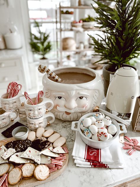 Cozy Neutral Hot Cocoa Bar Coffee Hot Cocoa Bar Ideas, Nutcracker Hot Cocoa Bar, Pink Hot Cocoa Bar Ideas, Vintage Hot Cocoa Bar, Christmas Coffee Station Ideas, Hot Cocoa Bar Aesthetic, Hot Chocolate Corner, Cocoa Bar Station Christmas, Boozy Hot Chocolate Bar