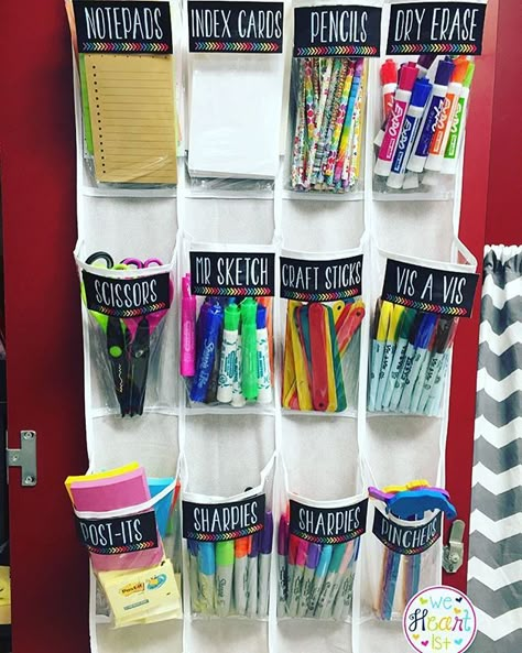 Looking for a new way to organize your teaching supplies? These shoe storage hangers from Target are fun and can easily be hidden behind a closet door. Add some cute labels to make it even better! -Jana & Ashley @weheart1st. #targetteacherstakeover Classe D'art, Teaching Organization, Classroom Hacks, Back To School Organization, Class Organization, Classroom Organisation, Teaching Supplies, New Classroom, Teacher Organization