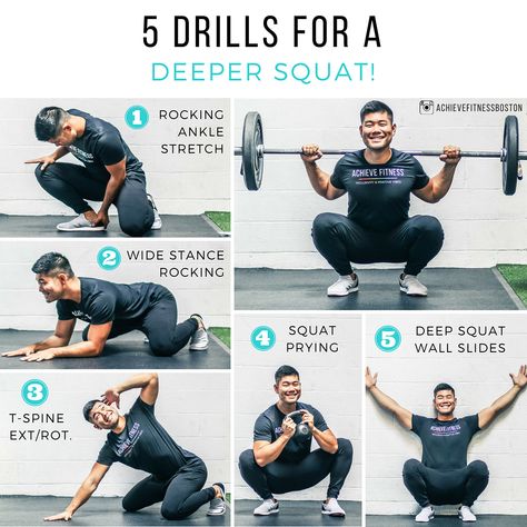 5 DRILLS FOR A DEEPER SQUAT!! - What’s up Achievers?! @jasonlpak here and today we have 5 drills to help you improve your squat depth! - 1️⃣Rocking Ankle Stretch: Get into a half kneeling position. Hold your heel down with one hand, then use your other hand to push your knee forward over your toes. Rock back and forth 10-12 times, then switch sides! - 2️⃣Wide Stance Rocking: Get onto your knees and elbows with your knees spread out wide. Gently rock your hips back toward your heels while maintai Back Squat, Portrait Collage, Bar Back, Deep Squat, Back Squats, Gym Tips, Mobility Exercises, Diet Vegetarian, Effective Workouts