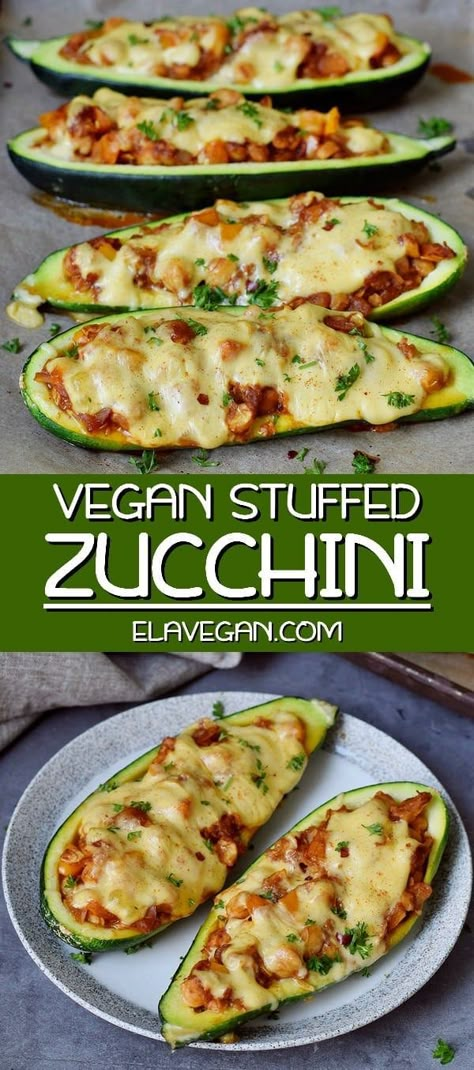 Stuffed zucchini boats with bell pepper, chickpeas, and vegan cheese! This is a simple vegetarian weeknight dinner, side dish or entrée which contains healthy wholesome ingredients. The recipe is meat-free, plant-based, relatively low-carb, and easy to make! You can use your favorite veggies and sub chickpeas for other beans or lentils. Vegan Stuffed Zucchini, Stuffed Zucchini Boats, Plats Healthy, Stuffed Zucchini, Vegan Zucchini, Dinner Side, Zucchini Boats, Low Carb Vegan, Dinner Side Dishes