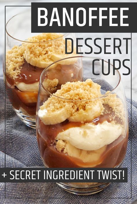 This is my banoffee cups recipe, a super easy dessert that's totally worth the calories! With layers of biscuit crumbs, thick rich caramel plus sliced bananas then topped with whipped cream, these mini desserts will have everyone wanting more! Plus I have added a secret ingredient twist - can you guess what it is? #chefnotrequired #banoffeepie Banoffee Recipe, Peanut Butter Slice, Desserts Mini, Super Easy Dessert, Dessert Pots, Comfort Food Desserts, Super Easy Desserts, Parfait Desserts, Biscoff Cookie Butter