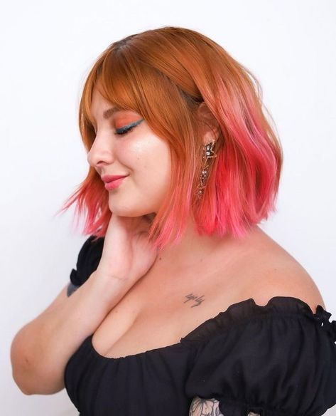 Copper Hair Pink Money Piece, Ginger Hair With Pink, Ginger Pink Hair, Copper And Pink Hair, Ginger And Pink Hair, Orange And Pink Hair, Peachy Hair Color, Pink And Orange Hair, Pink Ombre Hair