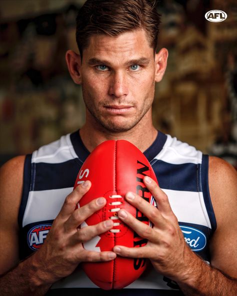 Tom Hawkins at the Geelong pre-season capture day. Tom Hawkins, Geelong Cats Football, Geelong Football Club, Afl Players, Geelong Cats, Cat Character, Preppy Wallpaper, Men In Uniform, Football Club