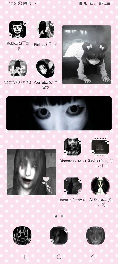 Creepy Kawaii Wallpaper, Pastel Goth Phone Theme, Creepy Homescreen, Dreamcore Phone Theme, Creepy Cute Wallpaper Iphone, Cutecore Homescreen Layout, Goth Ios Layout, Alt Homescreen, Creepy Widgets