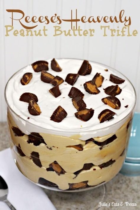 Reese's Heavenly Peanut Butter Trifle is the perfect dessert for a crowd! Layers of peanut butter pudding, Reese's cups and brownies make a decadent dessert everyone will love! #dessert #trifle Vanilla Trifle Desserts, Peanut Butter Trifle, Oreo Trifle, Peanut Butter Pudding, Trifle Recipes Easy, Trifle Bowl Recipes, Easy Trifle, Trifle Dessert Recipes, Pasta Spinach