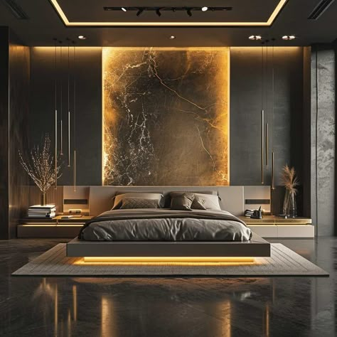 Black Contemporary Bedroom, Contemporary Scandinavian Bedroom, Marble Accent Wall Bedroom, Master Bed Design Ideas, Home Decor Ideas Master Suite, Suite Bedroom Design, Modern Viking Bedroom, Bedroom Back Panel Design, Room Interior Bedroom Luxury