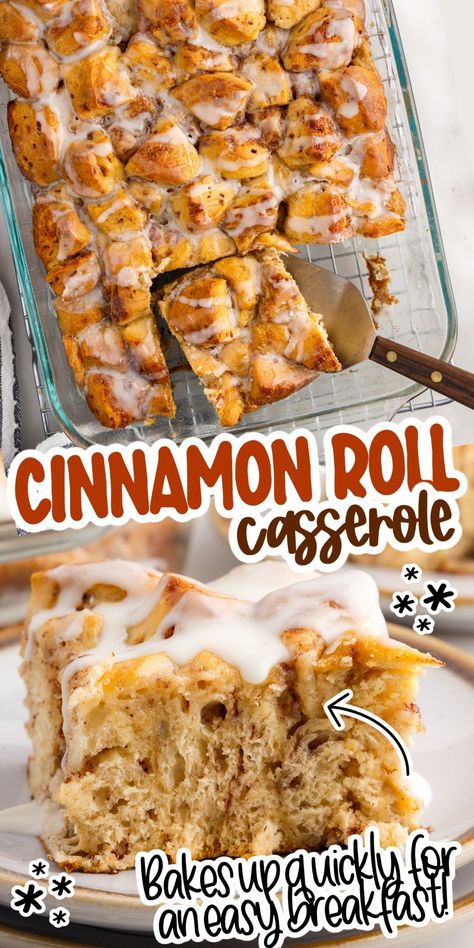 Breakfast cinnamon roll casserole is made with 6 simple ingredients, super moist and gooey, plus it's ready in less than 1 hour. Cinnamon Bun Breakfast Casserole, Breakfast Cinnamon Roll Casserole, Cinnamon Bun Casserole, Cinnamon Roll Casserole Easy, Roll Desserts, Cinnamon Roll Casserole Recipe, Breakfast Crockpot, Breakfast Cinnamon, Cinnamon Roll Monkey Bread