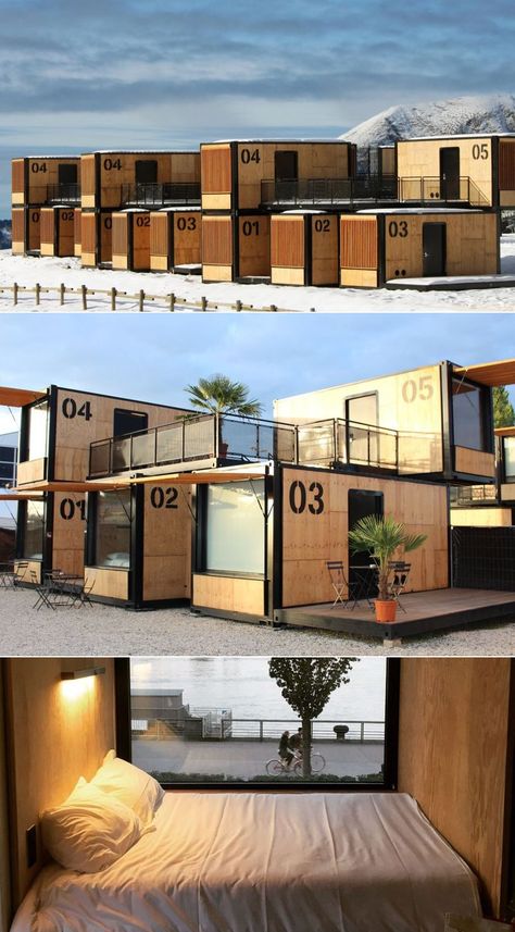 Rethinking the scope of hospitality in the future, AccorHotels has created a pop-up hotel comprising six 12-square-meter shipping container guestrooms at Avoriaz Ski Resort under the project.  #shippingcontainerhome ##shippingcontainerhotel Shipping Container Hotel, Container Hotel, Container Home Designs, Shipping Container Architecture, Shipping Container Home Designs, Container Cabin, Shipping Container House Plans, Container Buildings, Building A Container Home