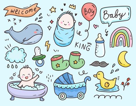 Baby boy shower party cartoon icon doodl... | Premium Vector #Freepik #vector #baby #girl #baby-shower #doodle Baby Shower Drawing Ideas, Baby Doodles Drawing, Shower Doodle, Baby Graphic Design, Baby Boy Drawing, Baby Doodles, Baby Shower Illustration, Baby Doodle, Nursery Drawings