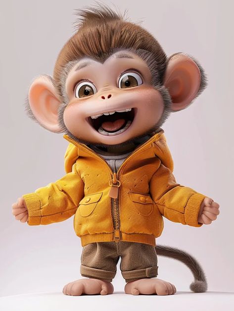 Midjourney AI Image: 3D cartoon Happy Baby Monkey, wearing a cute Pixar style jacket and pants, personified, laughing hap... → more in ai-img-gen.com 3d Monkey, Animated Monkey, Monkey In Jacket, Monkey Cartoon Image, Anthropomorphic Monkey, Linkedin Banner, Cartoon Monkey, 3d Cartoon, Baby Monkey