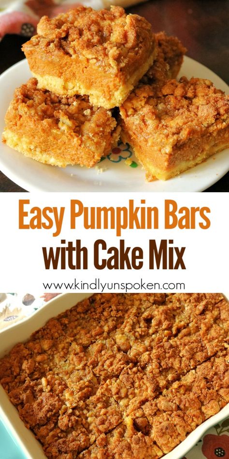 These Easy Pumpkin Bars with Cake Mix are better than pumpkin pie and perfect for Thanksgiving dessert. Featuring a simple cake mix crust, a sweet and creamy pumpkin pie filling, and a delicious brown sugar cinnamon streusel topping, these pumpkin streusel bars are sure to be an instant Fall baking favorite! Pumpkin Bars Using Spice Cake, Pumpkin Bars From Spice Cake, Pumpkin Squares With Cake Mix Boxes, Pumpkin Pie Dessert Squares, Cake Mix Pumpkin Bars Recipe, Pumpkin Dessert With Cake Mix Topping, Pumpkin Pie Dream Bars, Pumpkin Bars With Cake Mix Easy Desserts, Pumpkin Cake Bars Recipe