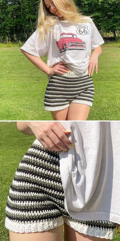 Crochet Striped Shorts Free Pattern Crochet Shorts Pattern, Crochet Skirt Pattern, Crochet Bottoms, Mode Crochet, Crochet Tops Free Patterns, Things To Crochet, Crochet Summer Tops, Crochet Design Pattern, Crochet Shorts