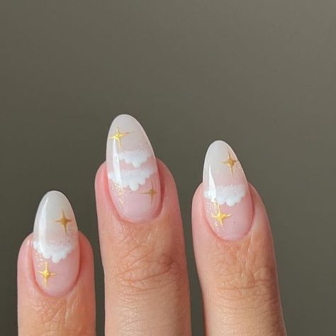 Cloud Nails Gel, Sun And Cloud Nails, Cloud And Star Nails, Nails With Cloud Design, Baby Shower Nails Neutral, Angel Nails Designs, Boba Nails, White On White Nails, Builder Gel Nail Art