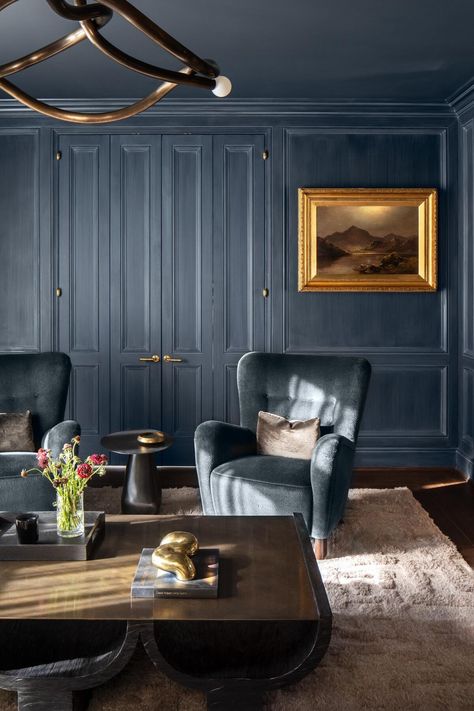 Why this Oregon designer spent 18 months defining her ideal client Dark Blue Walls And Ceiling, Blue Color Drenched Room, Blue Ceiling Living Room, Color Drenched Room, Dark Blue Study, Monotone Room, Blue Office Design, Blue Study, Colonial Office