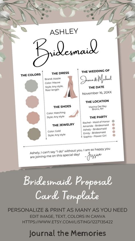 Canva Infographic, Bridesmaid Question, Bridesmaid Info Card, Wedding Info Card, Journaling Tips, Bridesmaid Diy, Bridesmaid Colors, Bridesmaid Proposal Cards, Bridesmaid Box