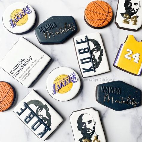 Lakers Cookies Decorated, Kobe Birthday Theme, Kobe Year Birthday Ideas, Lakers Cookies, Kobe Bryant Birthday, 2024 Cookies, Sport Cookies, Bday Cookies, Basketball Themed Birthday Party