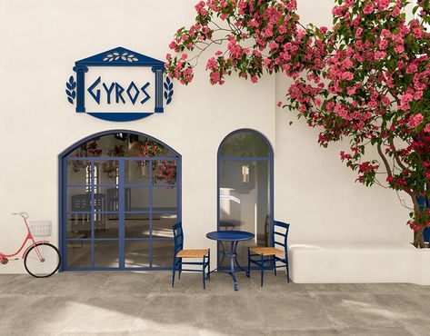 Greek restaurant :: Behance Greek Cafe Aesthetic, Greek Cafe Interior Design, Greek Restaurant Interior, Greek Restaurant Design, Mediterranean Restaurant Design, Greece Restaurant, Mediterranean Bar, Greek Interior Design, Resturant Interior