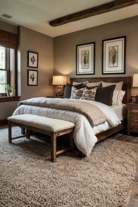 Dark Brown And White Bedroom Ideas, Dark Brown Master Bedrooms Decor, Dark Chocolate Bedroom, Dark Brown Headboard Bedroom Ideas, Dark Brown Furniture Bedroom Aesthetic, Tan Wall Bedroom Ideas, Dark Brown Wood Bedroom, Dark Brown Bed Frame Bedroom Ideas, Dark Brown Headboard Bedroom