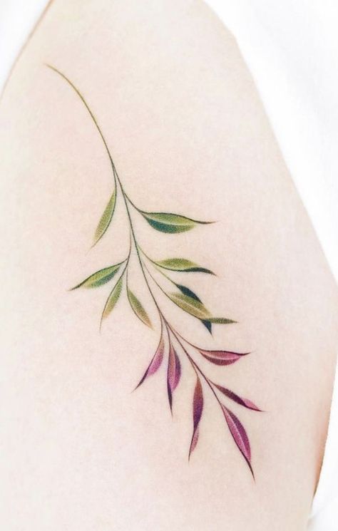 Color Vine Tattoo, Leaf Tattoo Color, Green Tattoos For Women, Watercolor Tattoo For Women Unique, Green Tattoo, Small Watercolor Tattoo, Colour Tattoo For Women, Green Tattoos, Lavender Tattoo