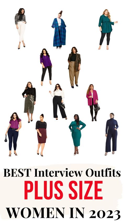 Collage of interview outfits for plus size women. Text on image says "Best Interview Outfits Plus Size Women in 2023" Business Casual Interview Outfit Woman, Womens Interview Outfit, Professional Interview Outfits Women, Professional Outfits Women Plus Size, Casual Interview Outfits Women, Best Interview Outfits, Outfits For Interview, Interview Outfit Professional, Interview Outfit Casual