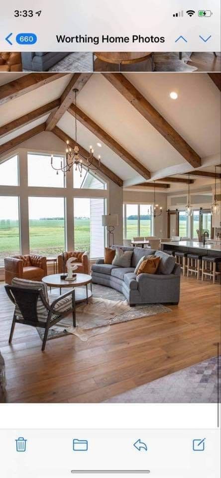 Windows With Vaulted Ceiling, Windows Vaulted Ceiling, Great Room Peaked Ceiling, A Frame Windows Living Room, Open Concept Kitchen Living Room With Vaulted Ceiling, Vaulted Ceiling Exterior, Vaulted Windows Living Room, High Pitched Ceiling Living Room, House Design With Big Windows