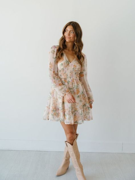 Flower Dress With Boots, Cowgirl Boots With Dress, Dresses With Cowgirl Boots, Dress With Cowgirl Boots, Cowgirl Dresses, Long Balloons, Cowgirl Outfits, Country Outfits, Cute Fits