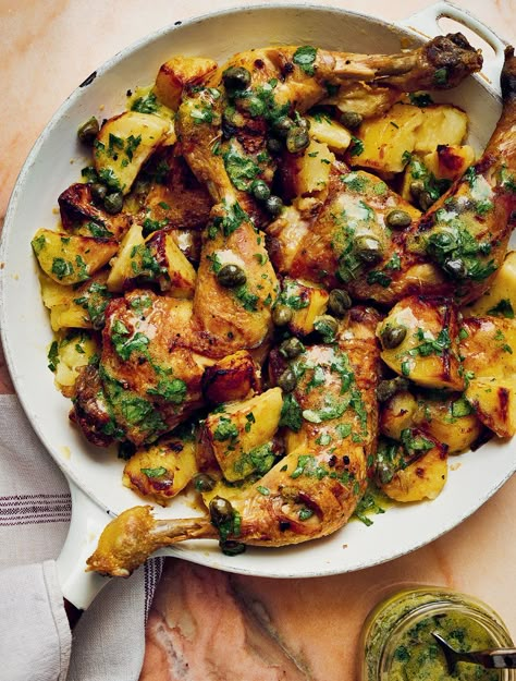 Chicken and Potato Traybake with Lime and Capers Traybake Dinner Recipes, Tray Meals, Autumn Dishes, Chicken Katsu Curry, Chicken And Potato, Salad Cake, Curry Pasta, Dinner Planning, Fall Dinners