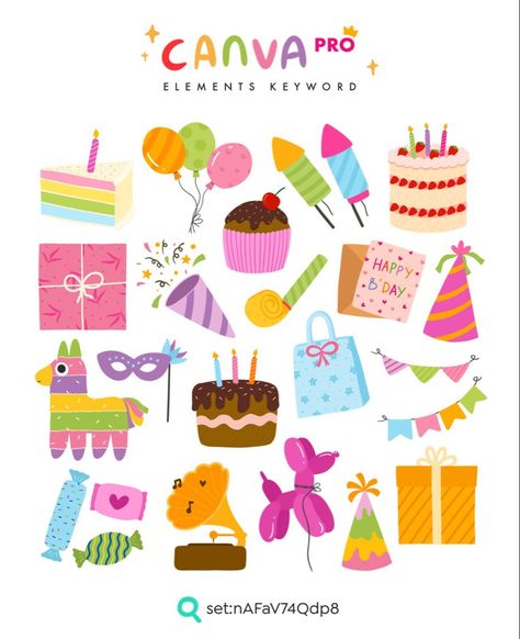 Party Supplies Canva Element goodnotesplanner Momo Illustration, Birthday Party Illustration, Canva 101, Canva Free Elements, Birthday Elements, Kids Branding Design, Illustration Birthday, Doodle Clipart, Keyword Elements Canva