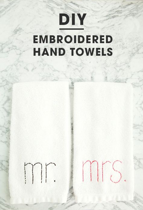 How To Easily Embroider Mr + Mrs Hand Towels! Embroider Towels Diy, How To Embroider Towels By Hand, Hand Towels Diy, Cliff Wedding, Bridal Shower Presents, Diy Towels, Embroidered Towels, Guest Towels, Mr And Mrs