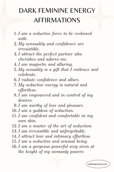 Affirmation For Divine Feminine, Embracing Your Femininity, Alpha Female Affirmations, I Am Feminine Affirmations, Affirmations For Dark Feminine Energy, Powerful Woman Affirmation, Divine Feminine Definition, Becoming Dark Feminine, Dark Feminine Characteristics