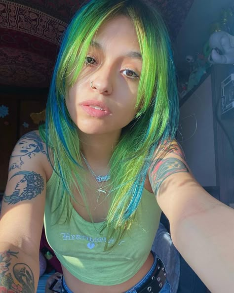 Green And Blue Hair, Neon Green Hair, Arctic Fox Hair Color, Pretty Rainbow, Rainbow Hair Color, Neon Hair, Dyed Hair Inspiration, Split Hair, Multicolored Hair