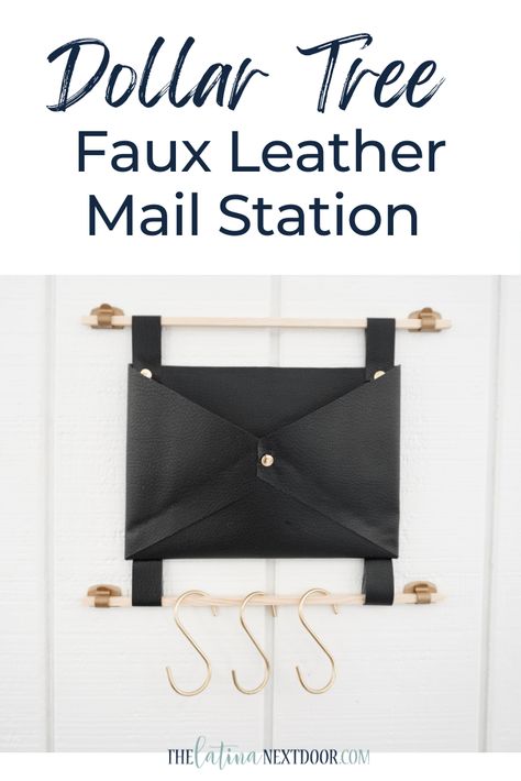 Diy Mail Holder Wall, Dollar Tree Mail Organizer, Dollar Tree Faux Leather Crafts, Diy Mail Organizer Wall, Leather Mail Holder, Diy Leather Envelope, Make A Tablecloth, Faux Leather Crafts, Hanging Mail Organizer