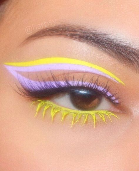 Bright Eyeshadow Looks, Eyeliner Bleu, Lilac And Yellow, Yellow Eye Makeup, Purple Eyeliner, Red Eye Makeup, Yellow Makeup, Bright Eyeshadow, Yellow Eyeshadow