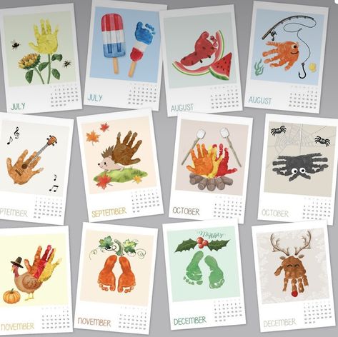 Handprint Art Calendar, Hand And Footprint Calendar, Handprint And Footprint Calendar, Footprint Calendar Ideas, Monthly Handprint Art, Handprint Calendar Ideas, Hand Print Calendar, Handprint Calendar Preschool, Footprint Calendar