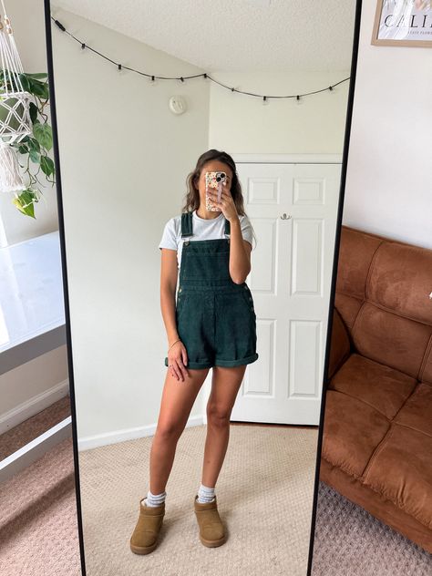 Fall Outfit Idea, Green Overalls, Ugg Classic Ultra Mini Boots, Princess Polly Overalls, Fall Aesthetic Outfits With Green Overalls, Green Overalls Outfits Aesthetic, Fall Cargo Style Overalls, Green Overalls Aesthetic, Princess Polly Green Overalls, Green Overalls, Ugg Classic Ultra Mini, Ugg Classic, Princess Polly