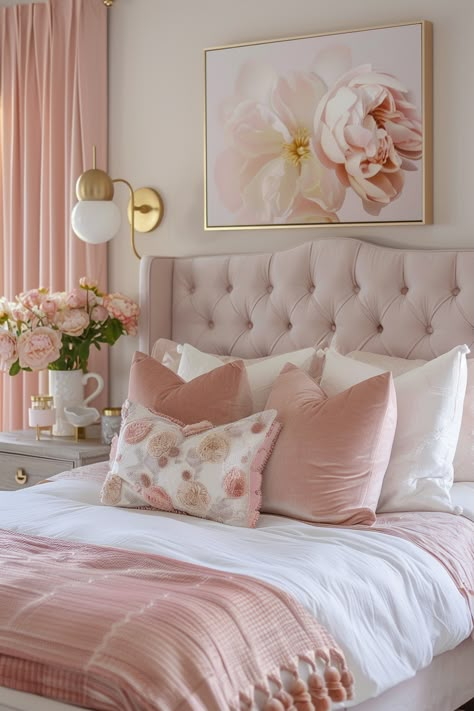 Gold White Pink Bedroom, Pink And Gold Bedroom, Girly Pink Bedroom, Pink Headboard, Pink Bedroom Design, Romantic Artwork, Pink Bedroom Ideas, Pink Bedroom Decor, Gold Bedroom